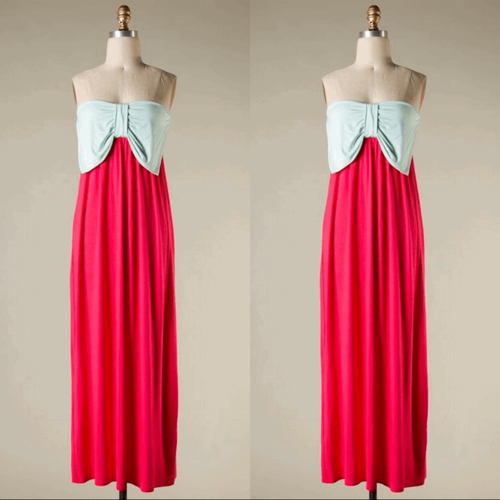 Mint/Coral Strapless Maxi Dress